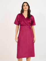 Women's Solid V-Neck 3/4th Sleeves A-Line Midi Dress