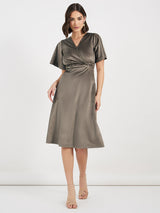 Women's Solid V-Neck 3/4th Sleeves A-Line Midi Dress