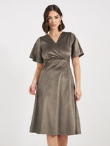 Women's Solid V-Neck 3/4th Sleeves A-Line Midi Dress