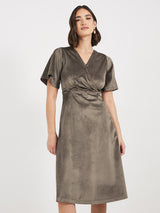 Women's Solid V-Neck 3/4th Sleeves A-Line Midi Dress