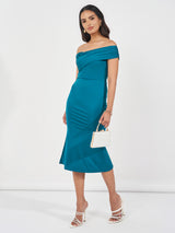 Women's Olive Solid Off Shoulder Mermaid Hem Maxi Dress