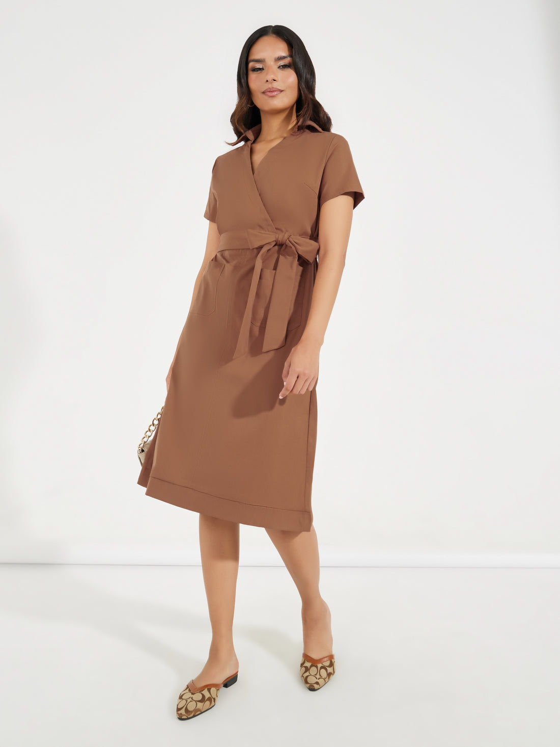 Women's Brown Solid Half Sleeve Wrap Style Midi Dress