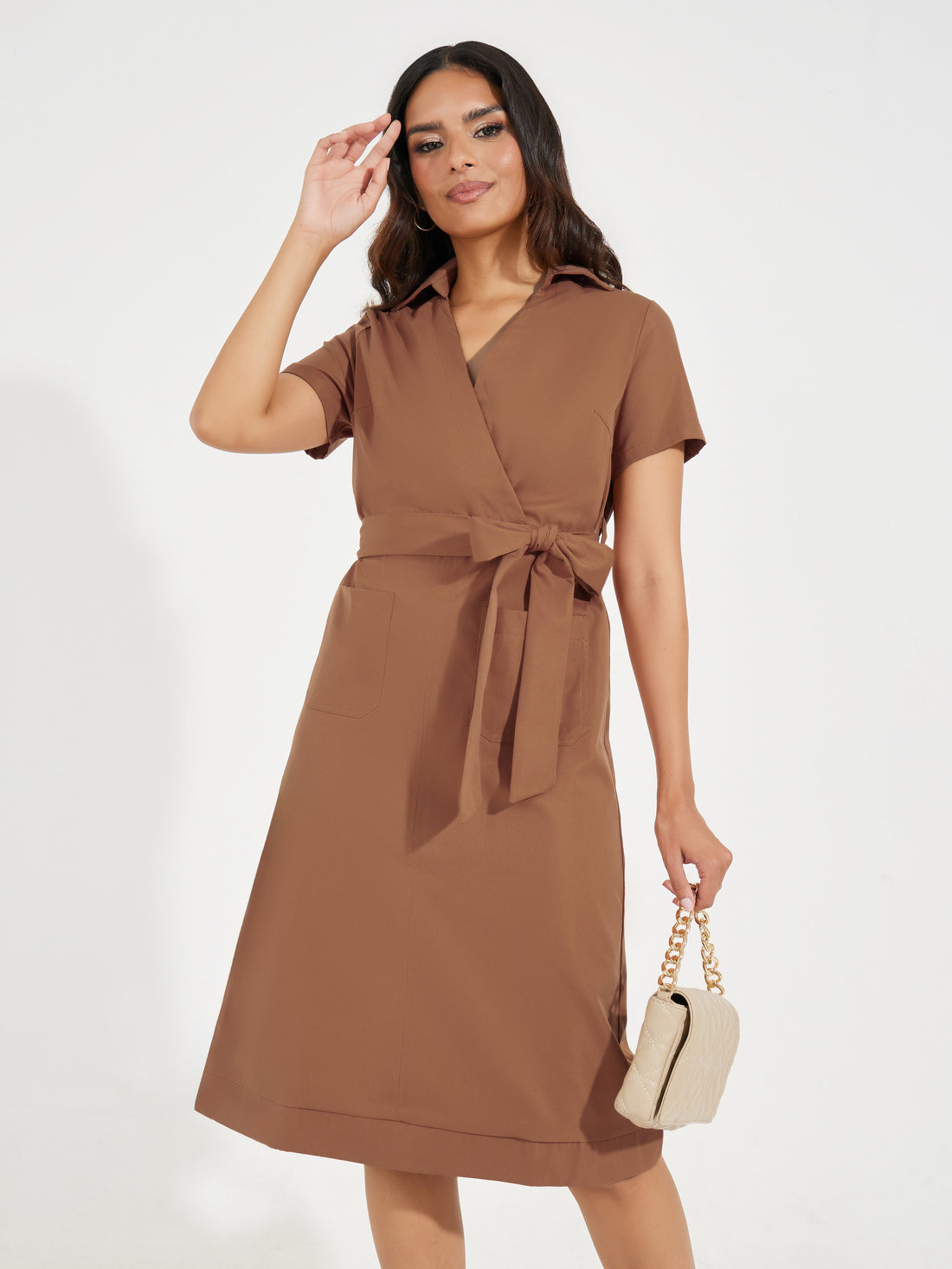 Women's Brown Solid Half Sleeve Wrap Style Midi Dress