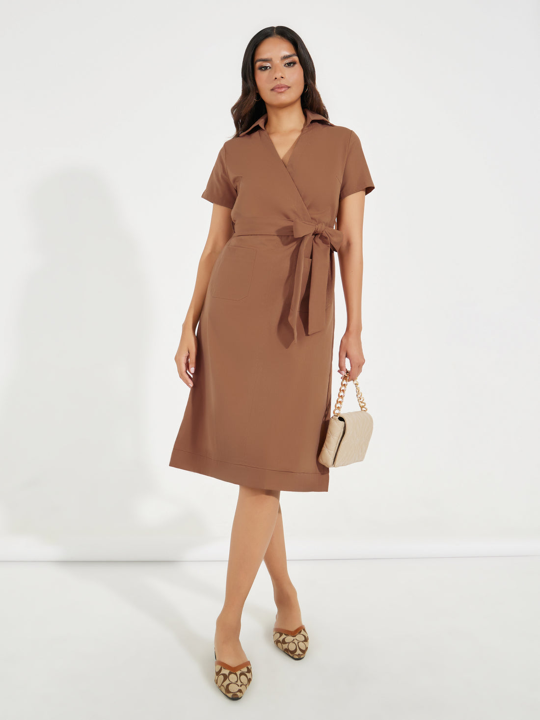Women's Brown Solid Half Sleeve Wrap Style Midi Dress