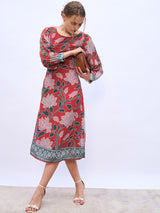 Women's Orange Long Sleeve Boat Neck Sheath Midi Dress