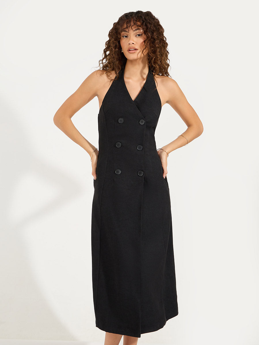 Women's Black Solid Sleeveless Blazer Midi Dress