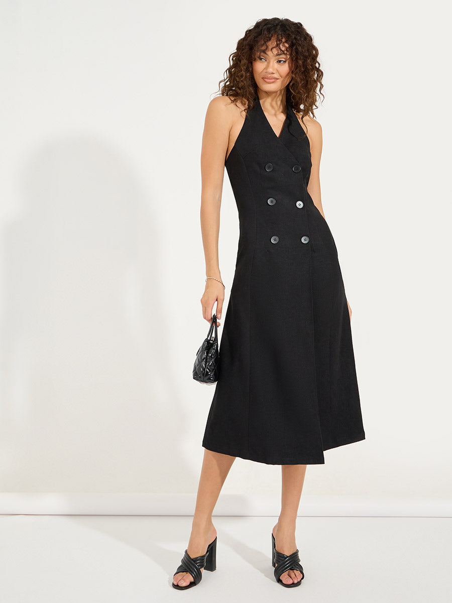 Women's Black Solid Sleeveless Blazer Midi Dress