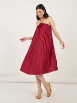 Women's Red Off Shoulder Rose Pleated A-Line Midi Dress