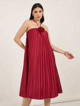 Women's Red Off Shoulder Rose Pleated A-Line Midi Dress