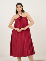 Women's Red Off Shoulder Rose Pleated A-Line Midi Dress