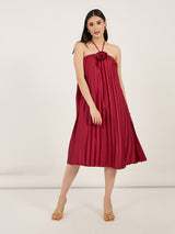 Women's Red Off Shoulder Rose Pleated A-Line Midi Dress