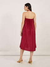 Women's Red Off Shoulder Rose Pleated A-Line Midi Dress