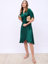 Women's Green V-Neck Wrap Midi Dress with Flared Sleeves