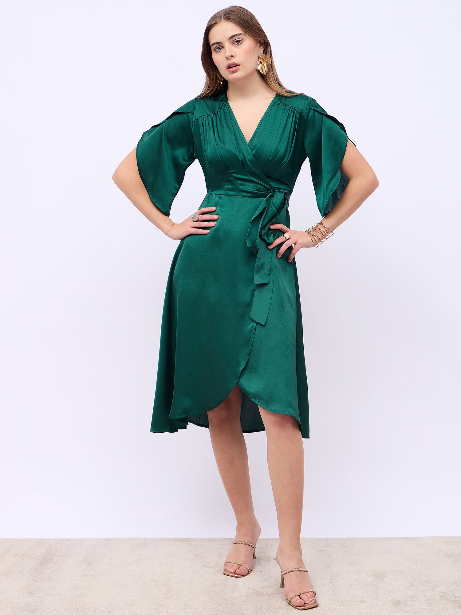 Women's Green V-Neck Wrap Midi Dress with Flared Sleeves