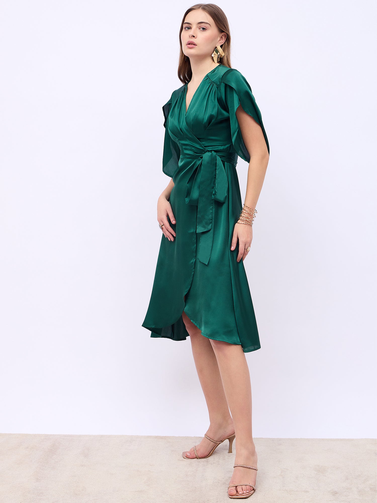 Women's Green V-Neck Wrap Midi Dress with Flared Sleeves