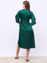 Women's Green V-Neck Wrap Midi Dress with Flared Sleeves