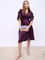 Women's Green V-Neck Wrap Midi Dress with Flared Sleeves