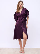 Women's Green V-Neck Wrap Midi Dress with Flared Sleeves