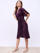 Women's Green V-Neck Wrap Midi Dress with Flared Sleeves