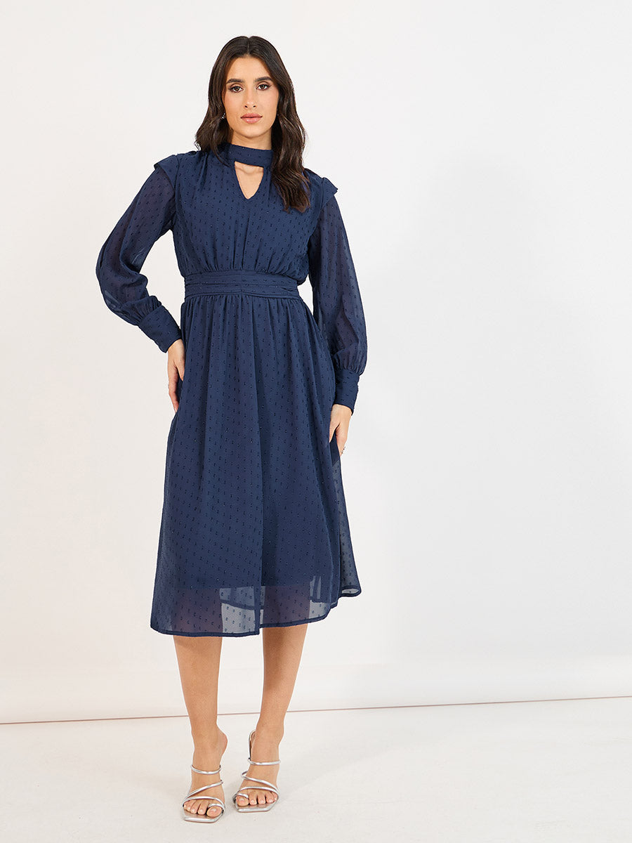 Women's Blue Lurex Polka Dot A-Line Midi Dress