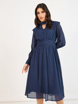 Women's Blue Lurex Polka Dot A-Line Midi Dress