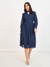 Women's Blue Lurex Polka Dot A-Line Midi Dress