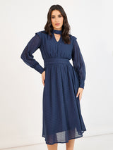 Women's Blue Lurex Polka Dot A-Line Midi Dress