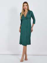 Women's Olive Notched Lapel Collar Jacquard Satin 3/4th Sleeves Midi Blazer Dress