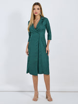 Women's Olive Notched Lapel Collar Jacquard Satin 3/4th Sleeves Midi Blazer Dress