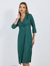 Women's Olive Notched Lapel Collar Jacquard Satin 3/4th Sleeves Midi Blazer Dress