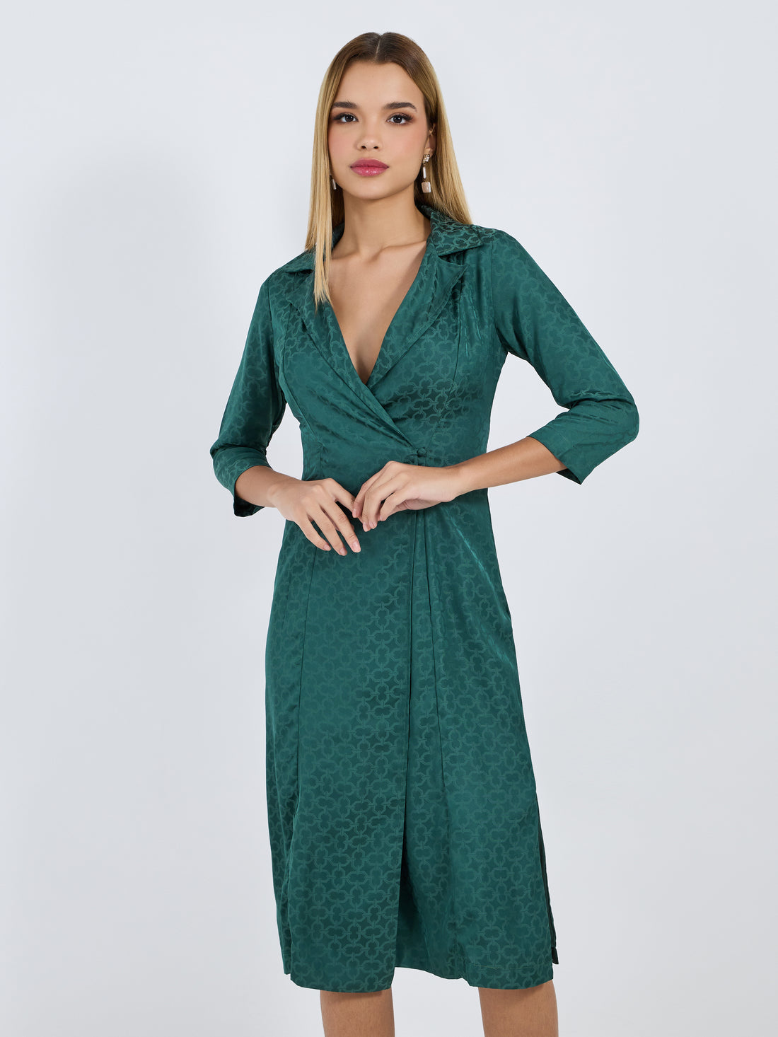 Women's Olive Notched Lapel Collar Jacquard Satin 3/4th Sleeves Midi Blazer Dress