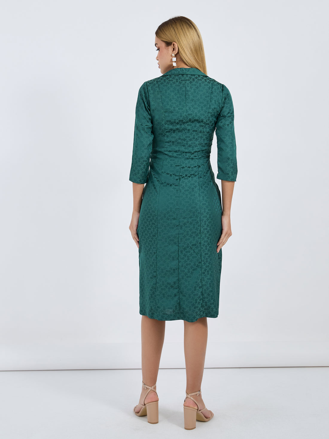 Women's Olive Notched Lapel Collar Jacquard Satin 3/4th Sleeves Midi Blazer Dress