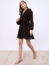 Women's Brown V-Neck Wrap Mini Dress With Volume Sleeves