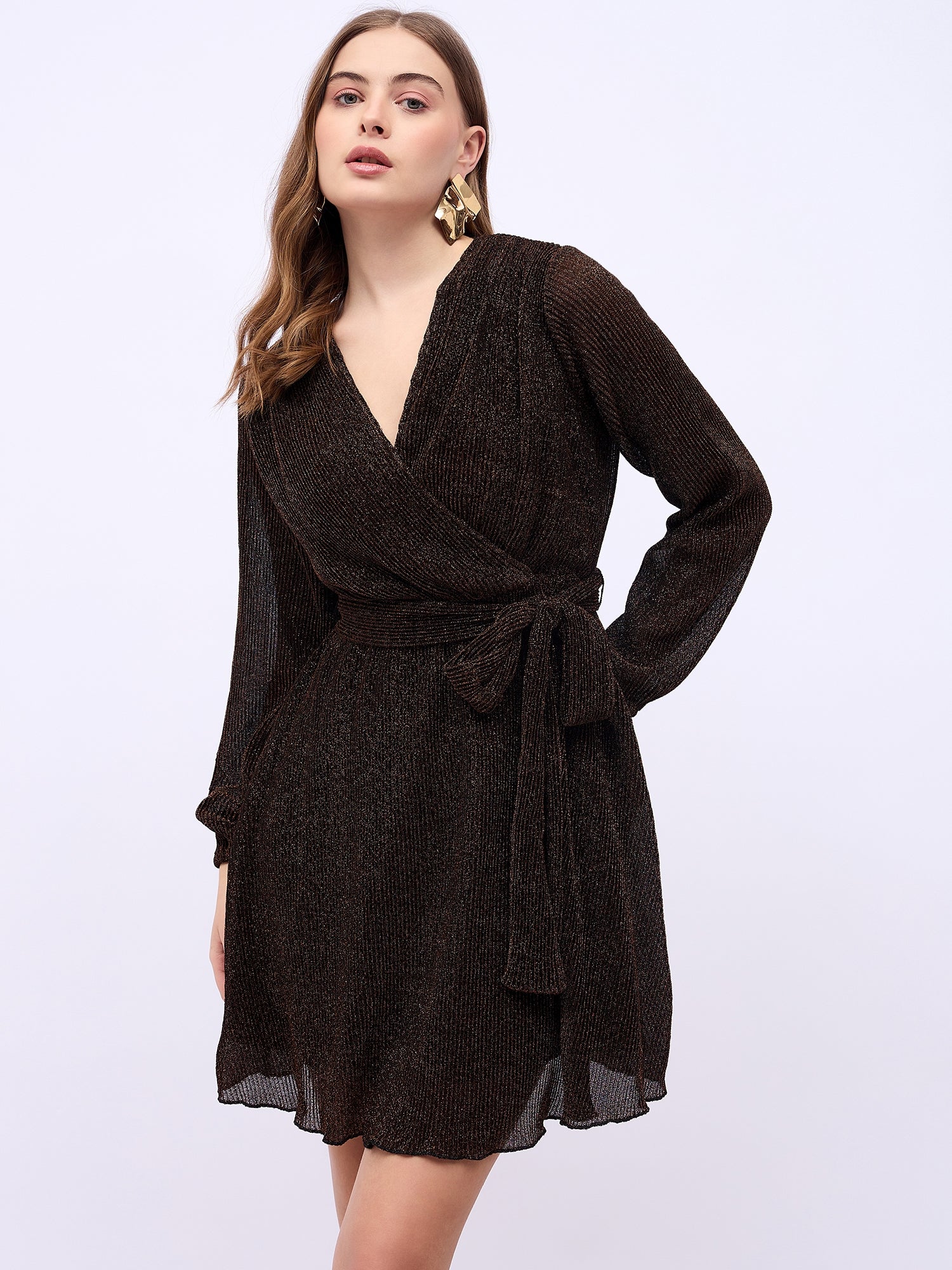 Women's Brown V-Neck Wrap Mini Dress With Volume Sleeves