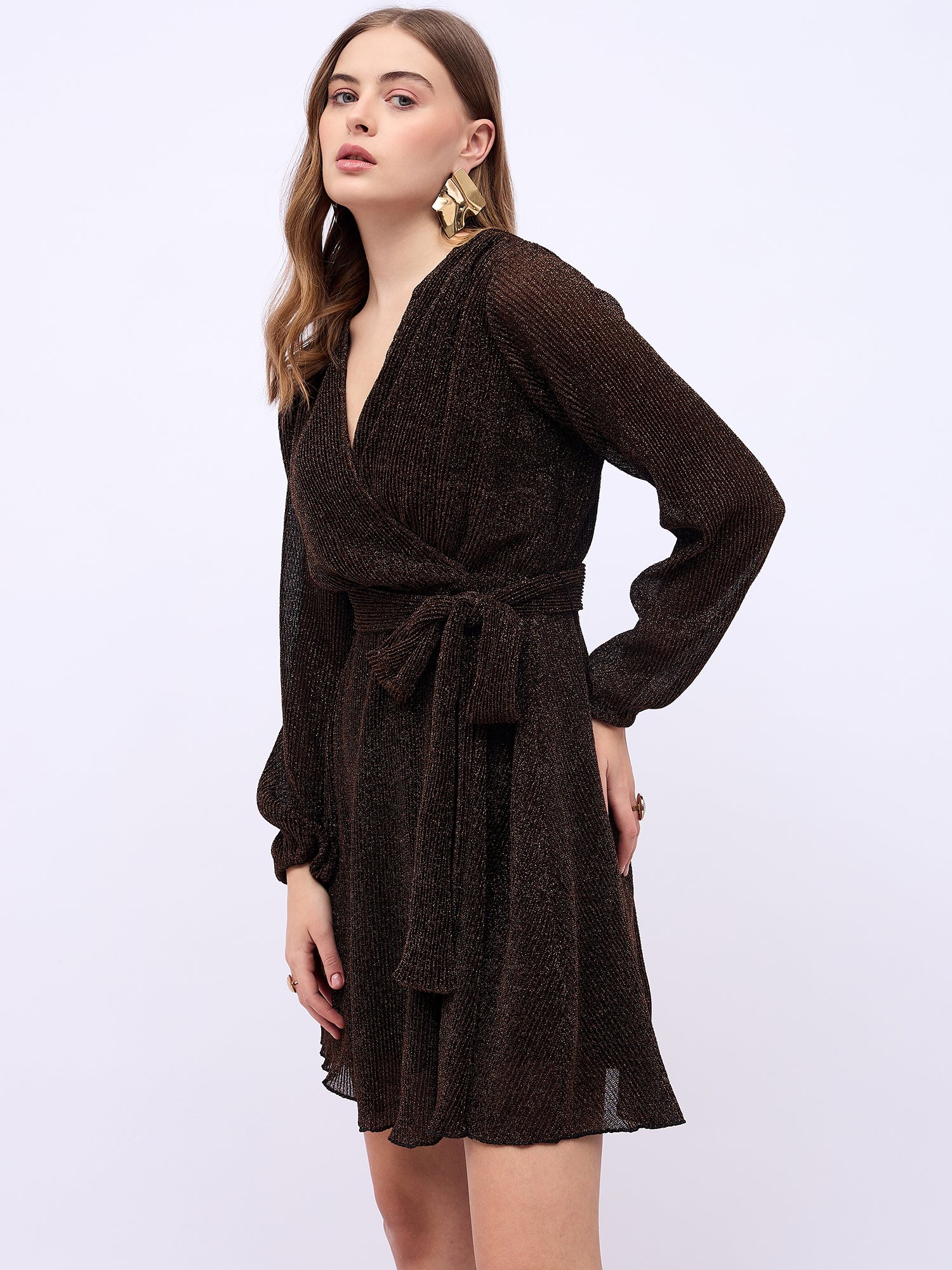 Women's Brown V-Neck Wrap Mini Dress With Volume Sleeves