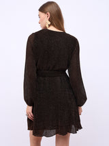 Women's Brown V-Neck Wrap Mini Dress With Volume Sleeves