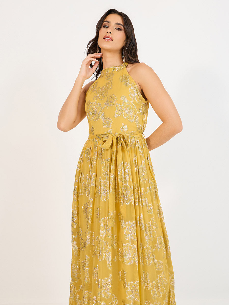 Women's Yellow Halter Neck Printed Sleeveless A-Line Maxi Dress