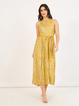 Women's Yellow Halter Neck Printed Sleeveless A-Line Maxi Dress