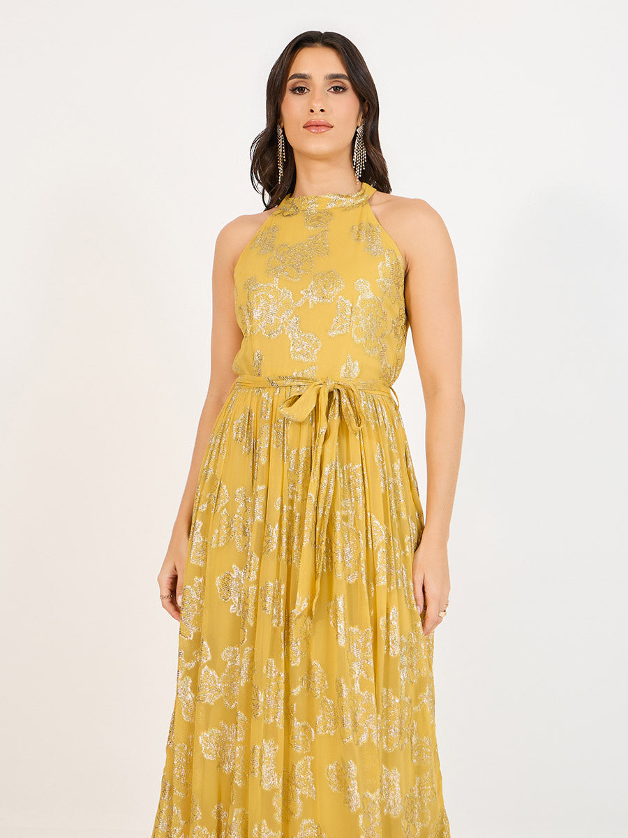 Women's Yellow Halter Neck Printed Sleeveless A-Line Maxi Dress