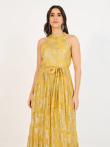 Women's Yellow Halter Neck Printed Sleeveless A-Line Maxi Dress