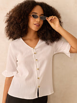 Women's White Front Buttoned Top with Ruffle Detail On Sleeve