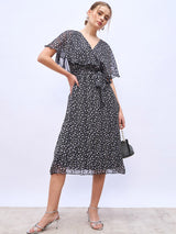 Women's Black Aop V-Neck Casual Wrap Midi Dresses