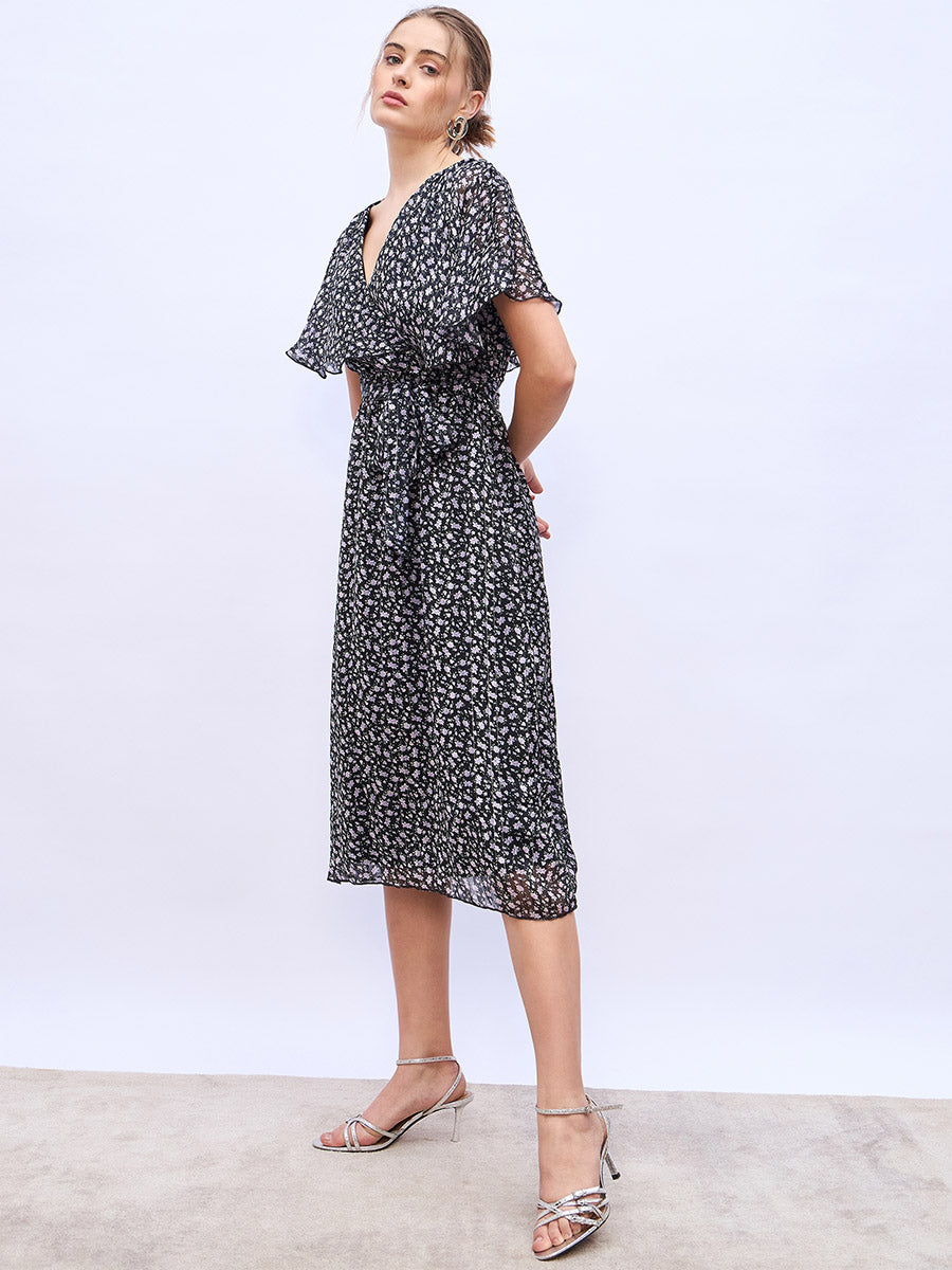 Women's Black Aop V-Neck Casual Wrap Midi Dresses