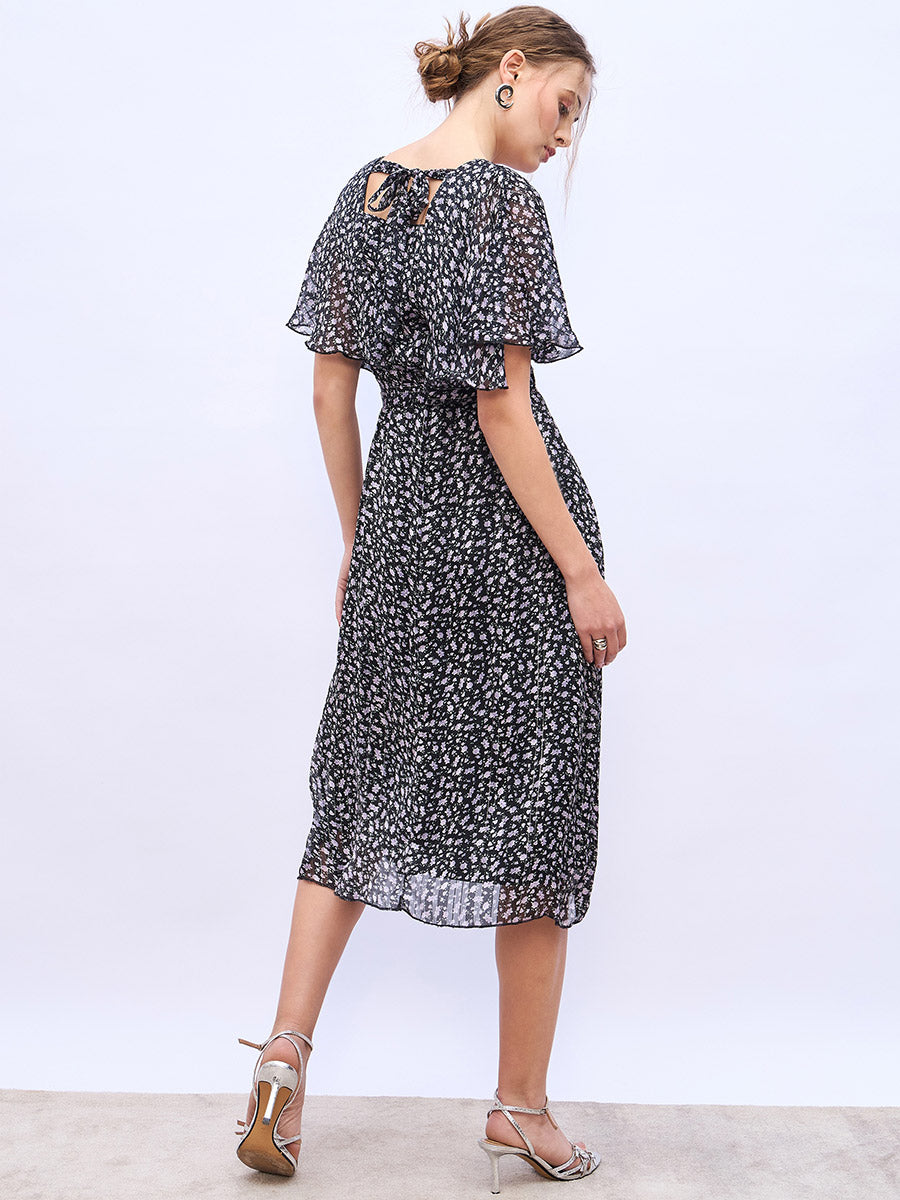 Women's Black Aop V-Neck Casual Wrap Midi Dresses