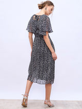 Women's Black Aop V-Neck Casual Wrap Midi Dresses