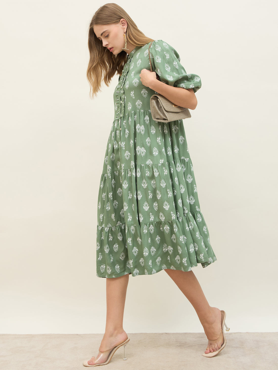 Women'ss Green Floral Mandarin Flared Midi Dresses
