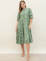 Women'ss Green Floral Mandarin Flared Midi Dresses