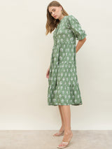 Women'ss Green Floral Mandarin Flared Midi Dresses