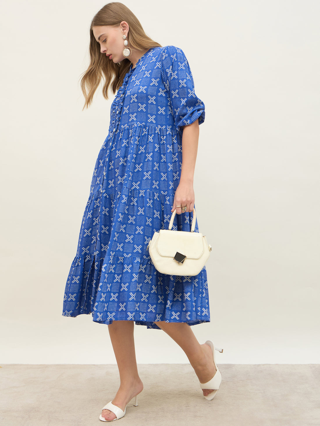 Women's Blue Geometric Mandarin Flared Midi Dresses