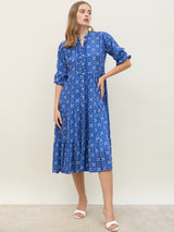Women's Blue Geometric Mandarin Flared Midi Dresses
